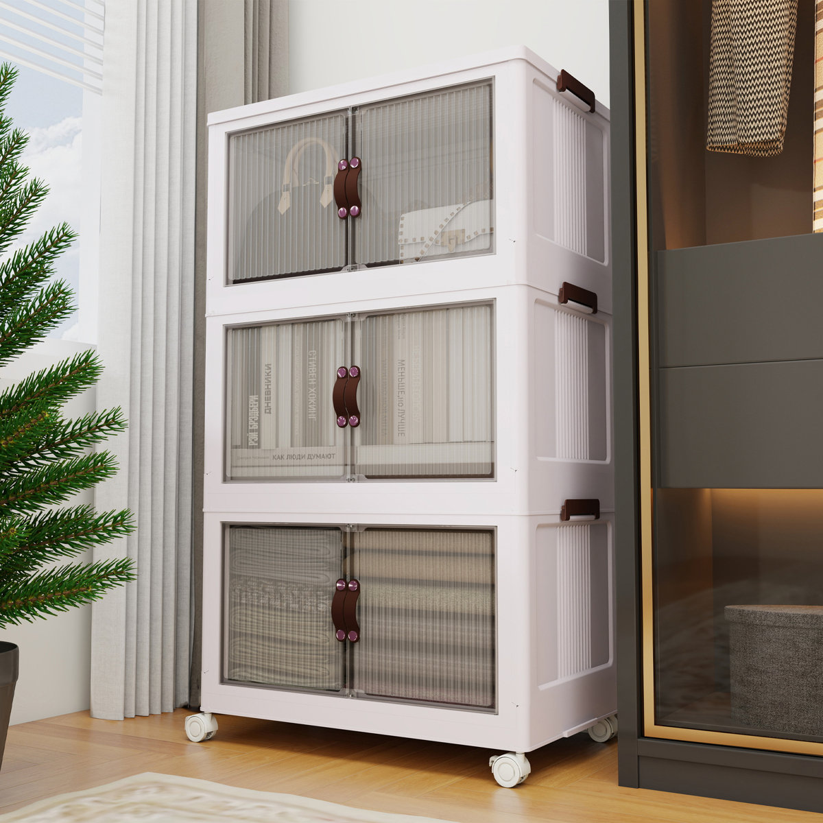 Storage Bins With Lids-Stackable Plastic Storage Bins on Wheels, Closet Organizers and Storage,Collapsible Storage Cabinet with Doors for Office Garage Kitchen Under Stairs,Larger 5Tier